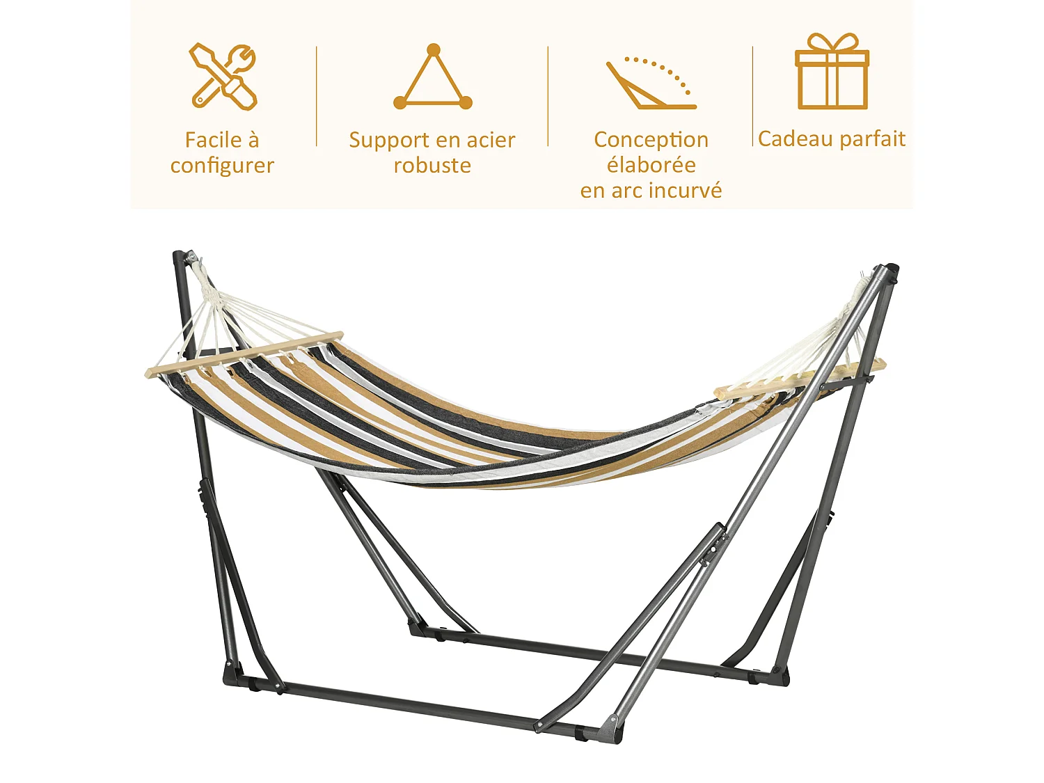 Hamac de jardin pliable avec support acier époxy et toile coton lin marron noir gris blanc