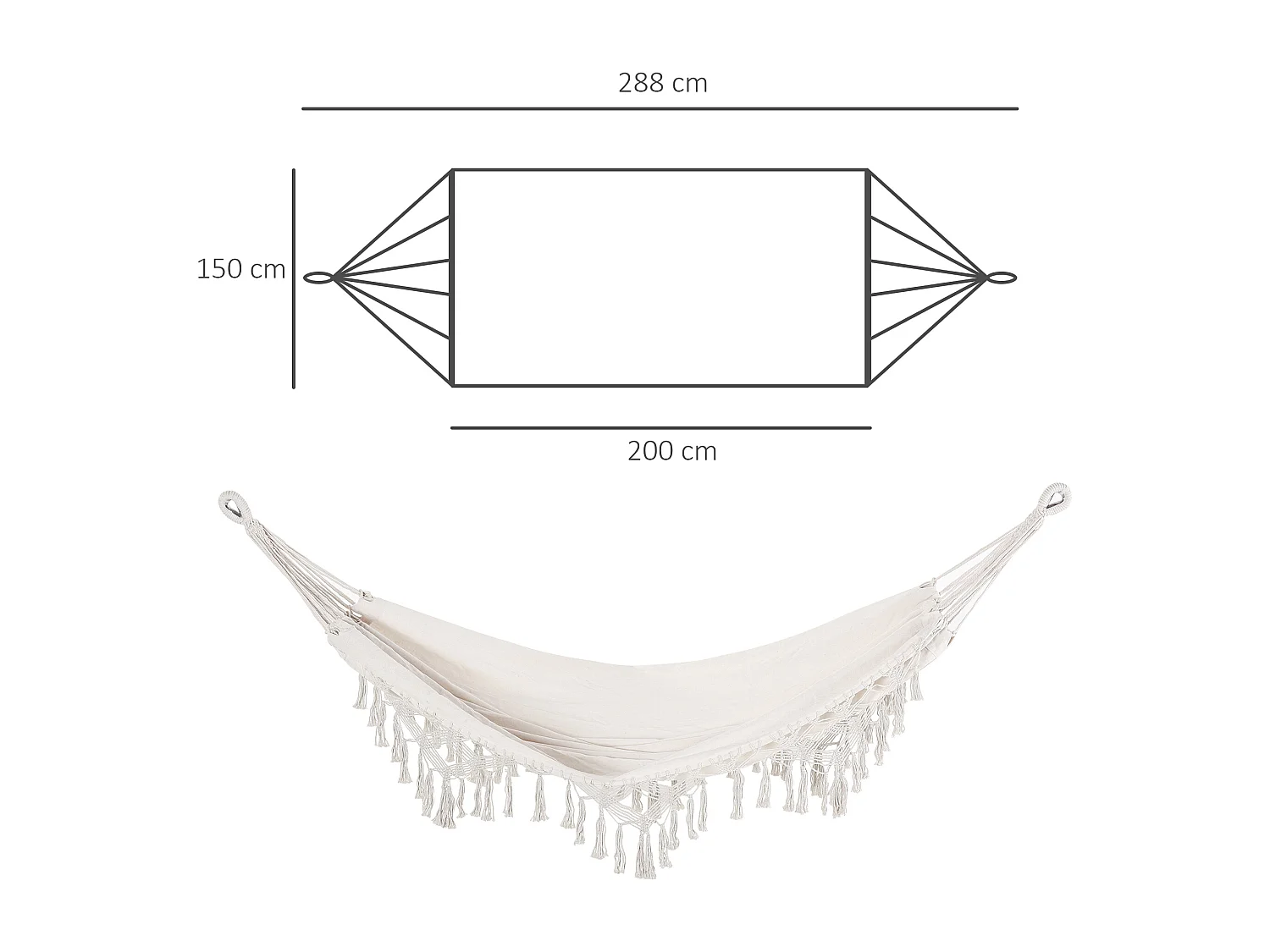 Hamac de voyage portable style bohème chic toile de hamac dim. totales 2,88L x 1,5l m coton polyester beige