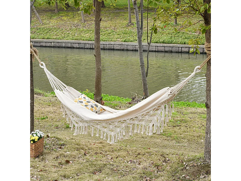 Hamac de voyage portable style bohème chic toile de hamac dim. totales 2,88L x 1,5l m coton polyester beige