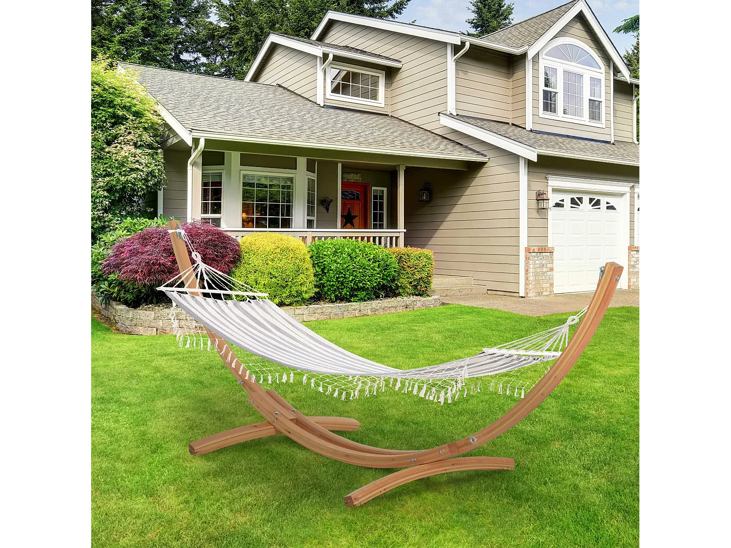 Hamac de voyage portable style hippie chic toile de hamac dim. 2L x 1l m coton polyester gris écru rayé