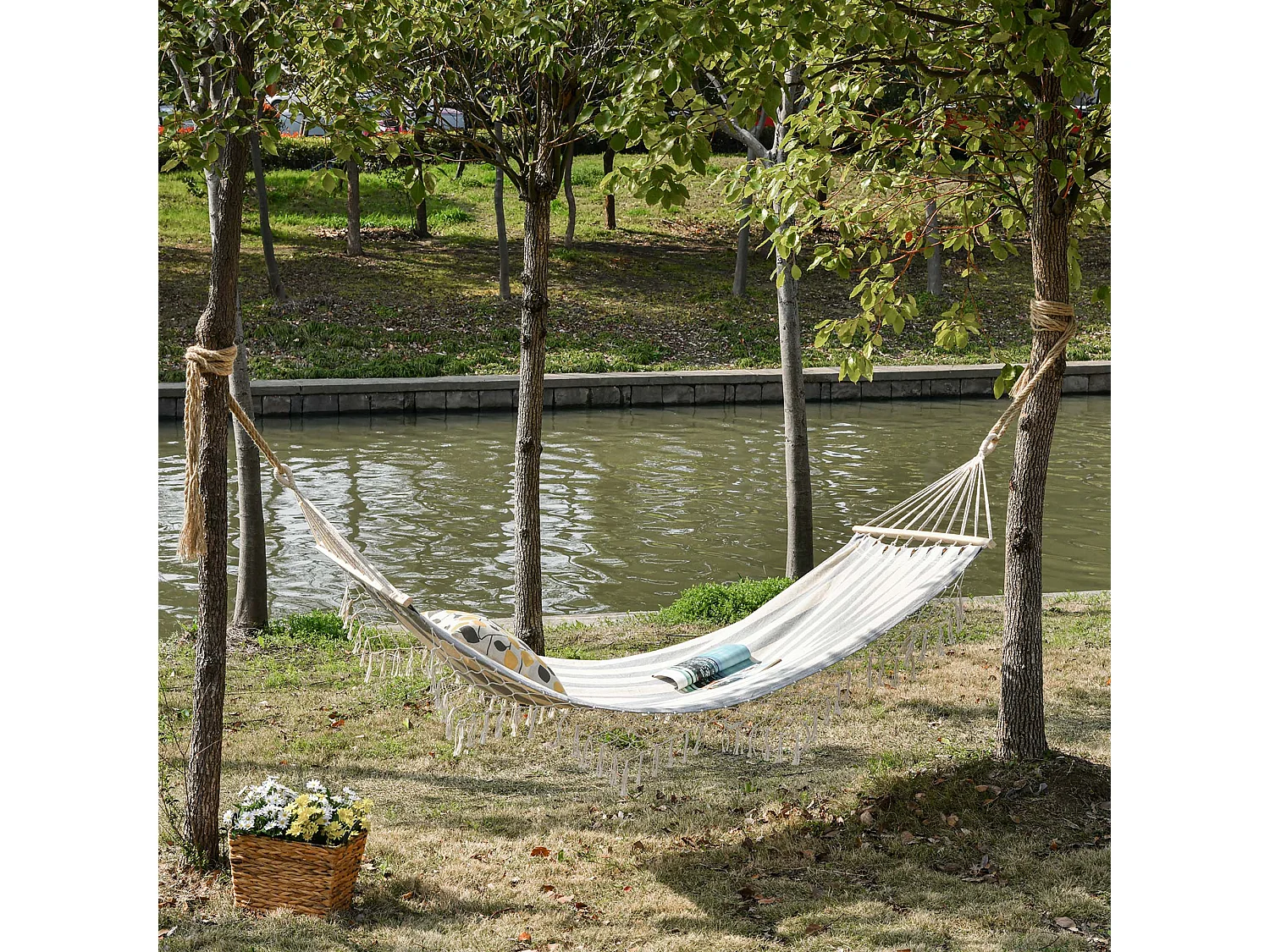 Hamac de voyage portable style hippie chic toile de hamac dim. 2L x 1l m coton polyester gris écru rayé
