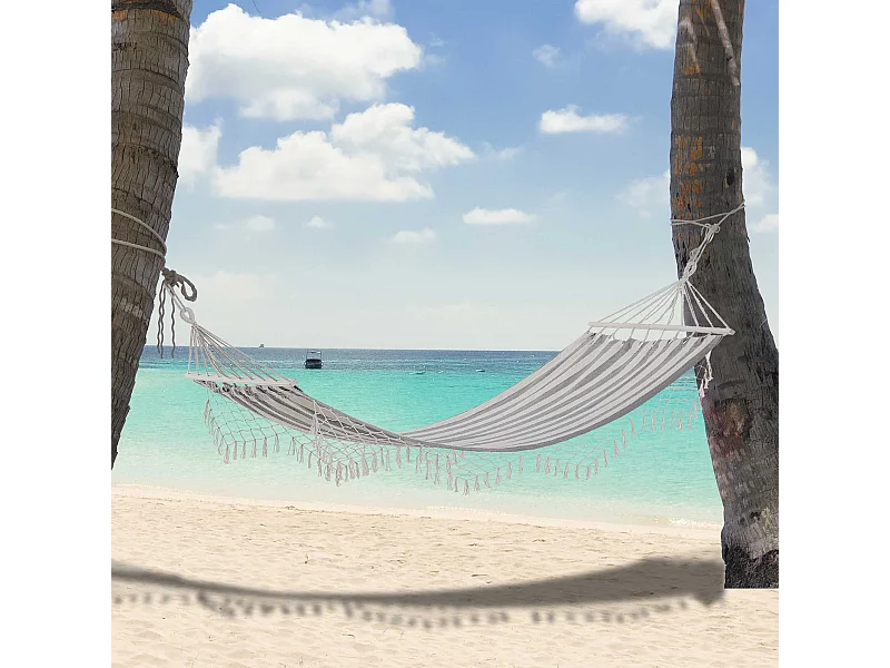 Hamac de voyage portable style hippie chic toile de hamac dim. 2L x 1l m coton polyester gris écru rayé