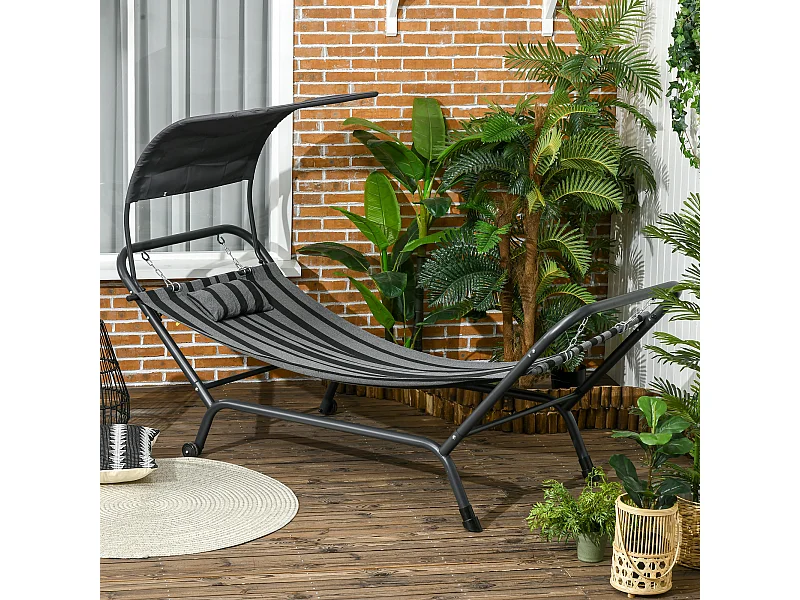 Hamac 1 personne design - auvent, tétière, 2 roulettes - dim. 240L x 92l x 148H cm - acier polyester gris