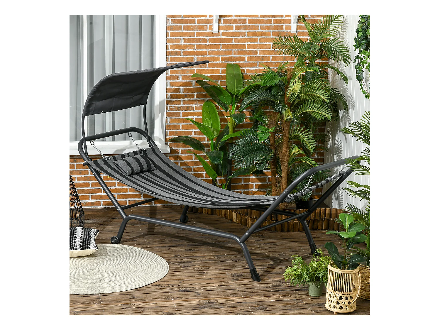 Hamac 1 personne design - auvent, tétière, 2 roulettes - dim. 240L x 92l x 148H cm - acier polyester gris