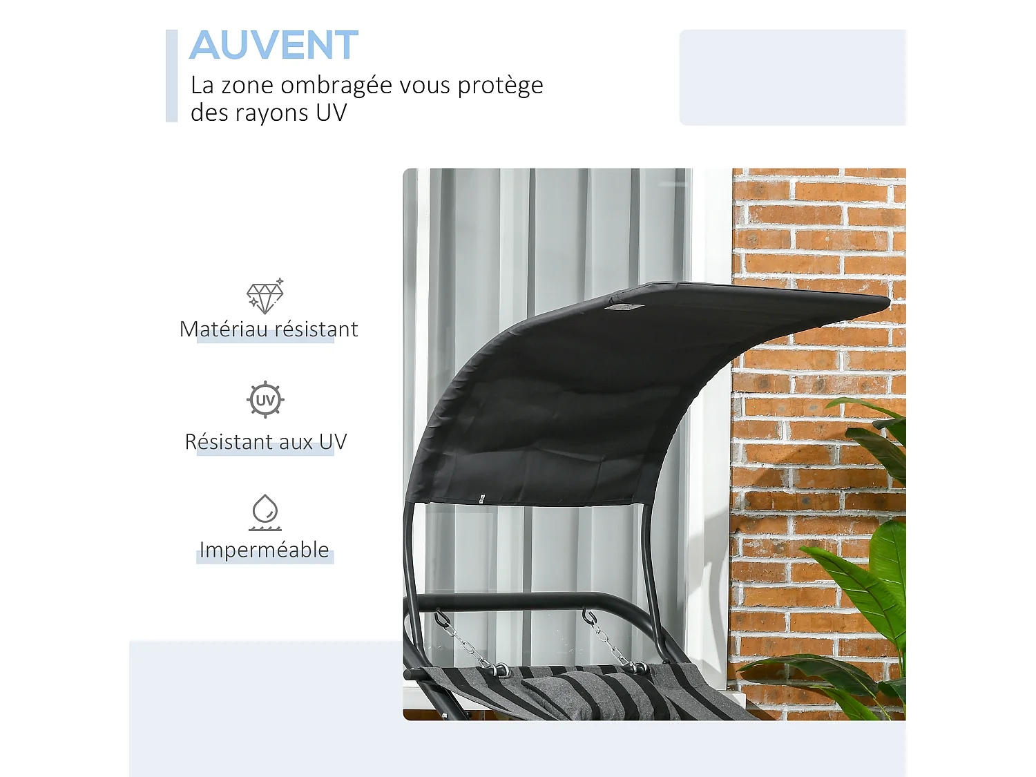 Hamac 1 personne design - auvent, tétière, 2 roulettes - dim. 240L x 92l x 148H cm - acier polyester gris