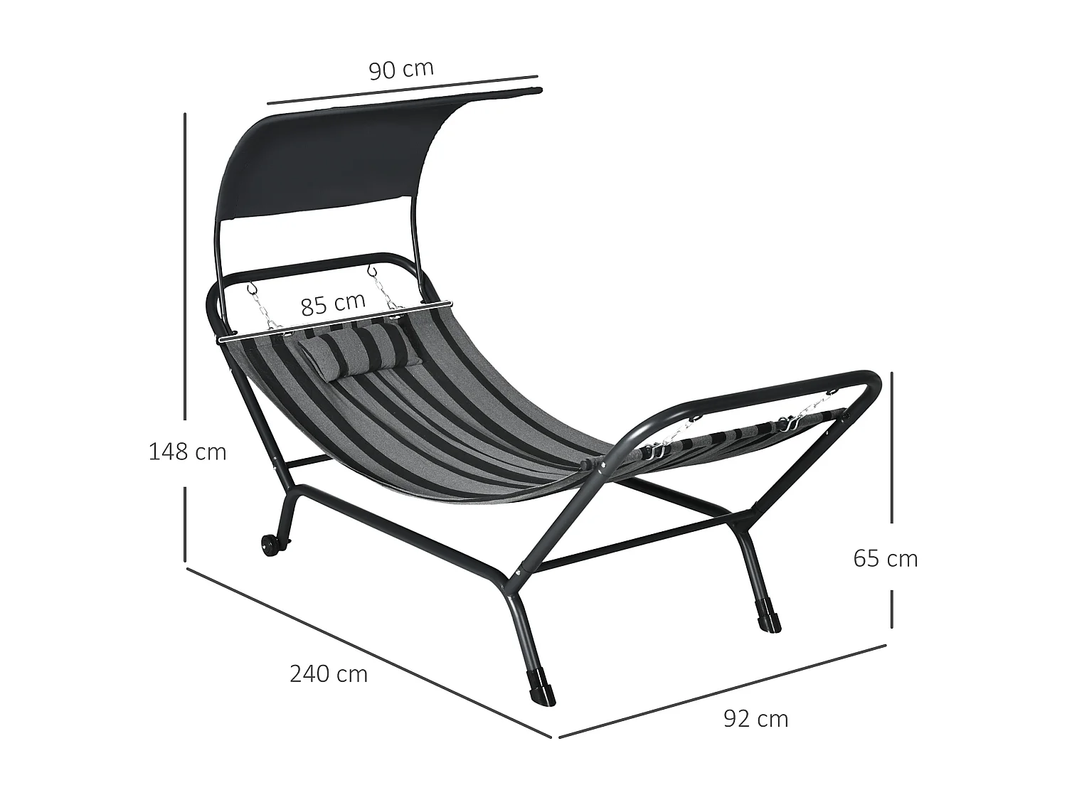 Hamac 1 personne design - auvent, tétière, 2 roulettes - dim. 240L x 92l x 148H cm - acier polyester gris