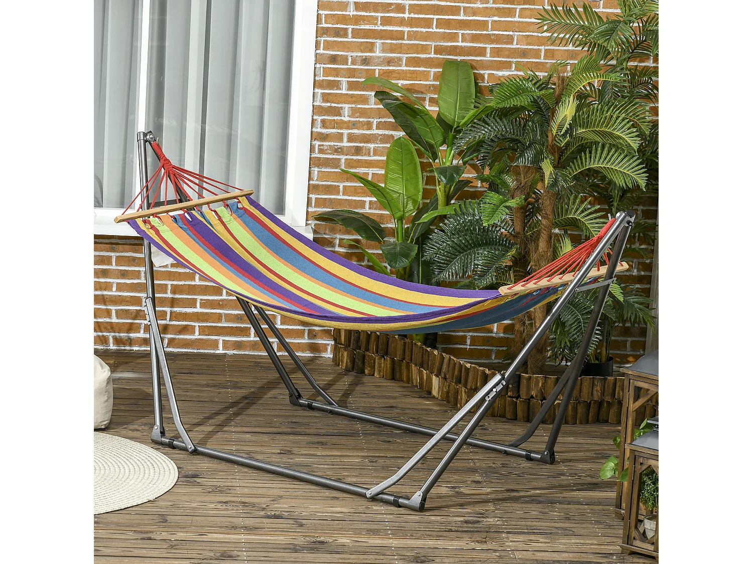 Hamac de jardin pliable avec support acier époxy et toile coton lin multicolore