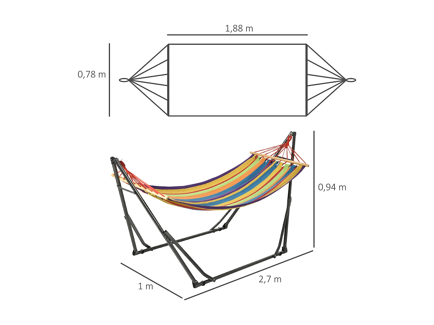 Hamac de jardin pliable avec support acier époxy et toile coton lin multicolore