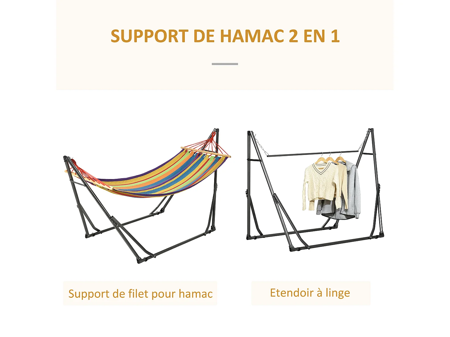 Hamac de jardin pliable avec support acier époxy et toile coton lin multicolore