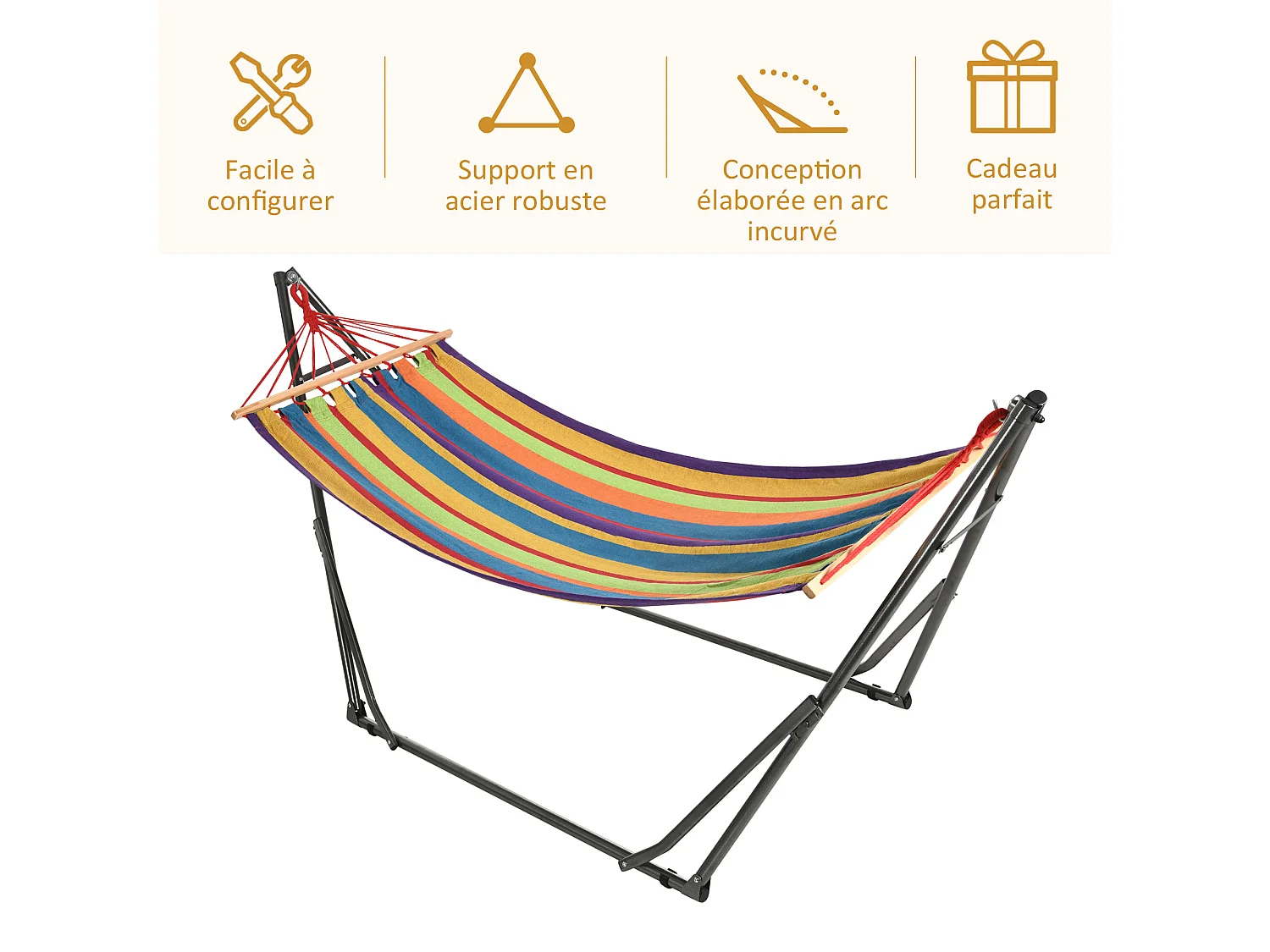 Hamac de jardin pliable avec support acier époxy et toile coton lin multicolore