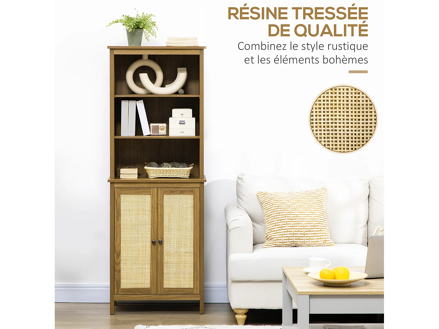 Bibliothèque 2 portes 3 étagères réglables style bohème chic cannage en rotin panneaux aspect bois noyer clair