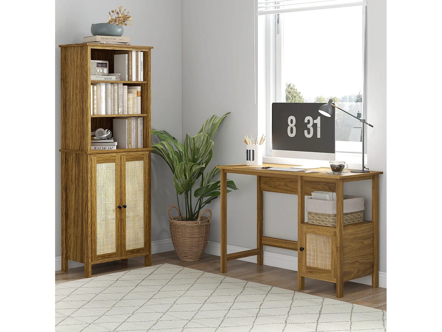 Bibliothèque 2 portes 3 étagères réglables style bohème chic cannage en rotin panneaux aspect bois noyer clair