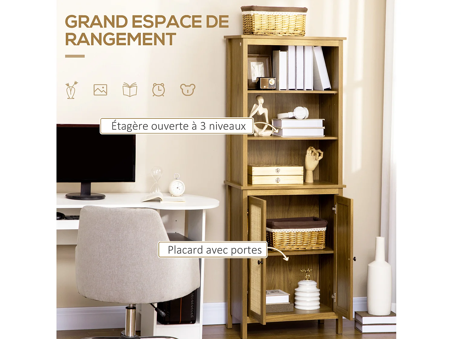 Bibliothèque 2 portes 3 étagères réglables style bohème chic cannage en rotin panneaux aspect bois noyer clair