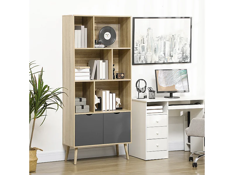 Bibliothèque design - 2 portes, 6 niches - dim. 80L x 35l x 180H cm - aspect chêne clair gris