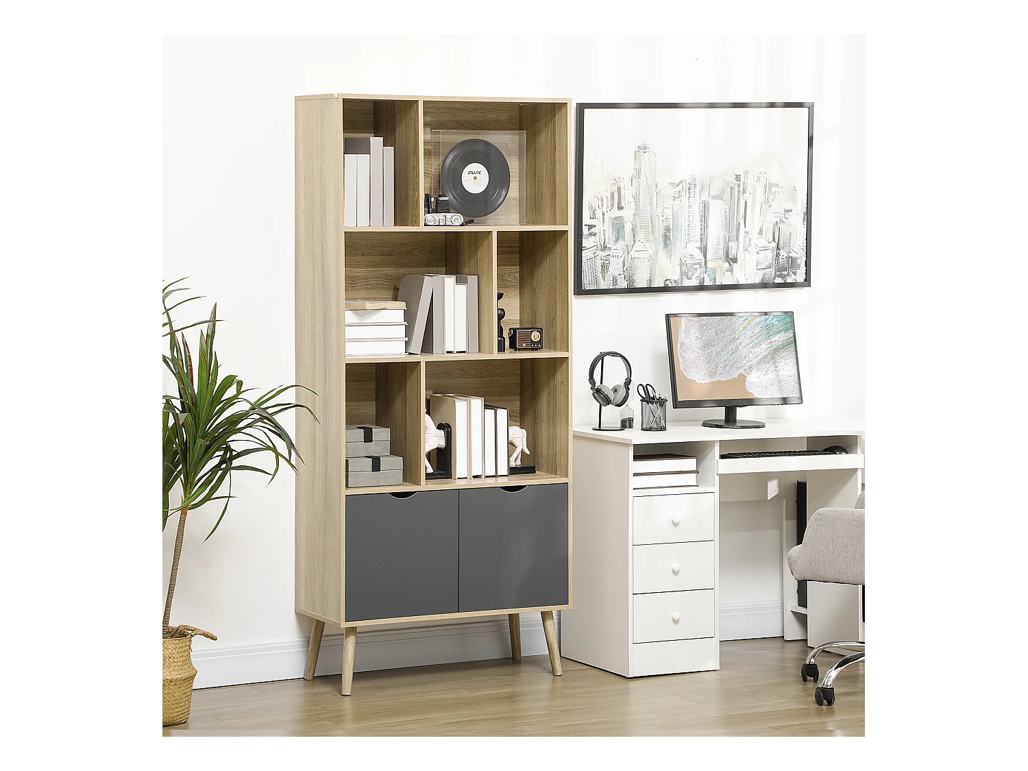 Bibliothèque design - 2 portes, 6 niches - dim. 80L x 35l x 180H cm - aspect chêne clair gris