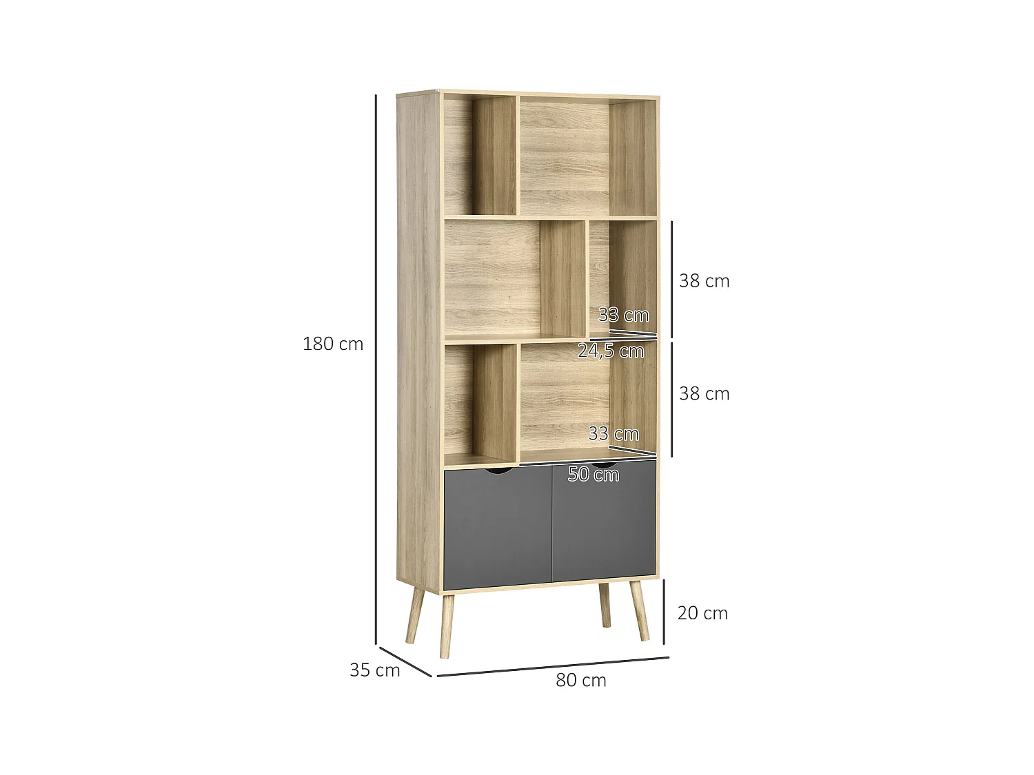 Bibliothèque design - 2 portes, 6 niches - dim. 80L x 35l x 180H cm - aspect chêne clair gris