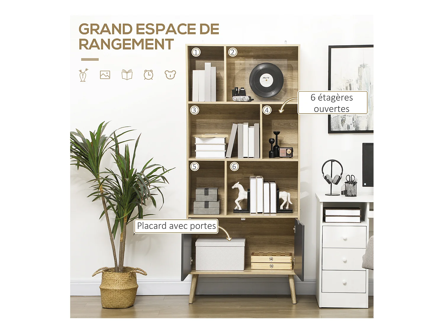 Bibliothèque design - 2 portes, 6 niches - dim. 80L x 35l x 180H cm - aspect chêne clair gris