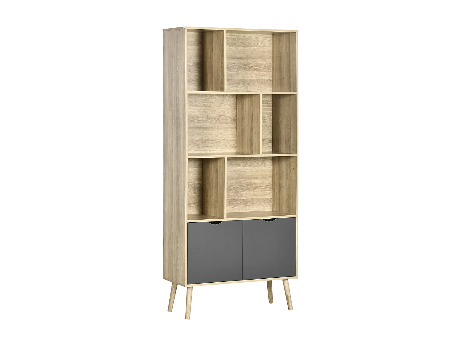 Bibliothèque design - 2 portes, 6 niches - dim. 80L x 35l x 180H cm - aspect chêne clair gris