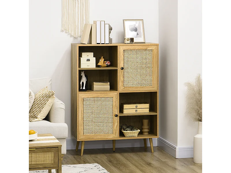 Bibliothèque 2 portes 4 niches style bohème chic cannage en rotin panneaux aspect chêne clair