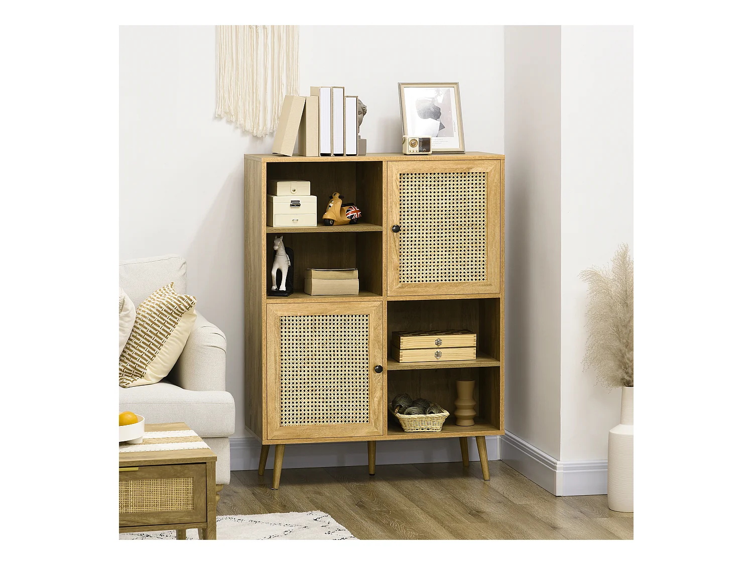 Bibliothèque 2 portes 4 niches style bohème chic cannage en rotin panneaux aspect chêne clair