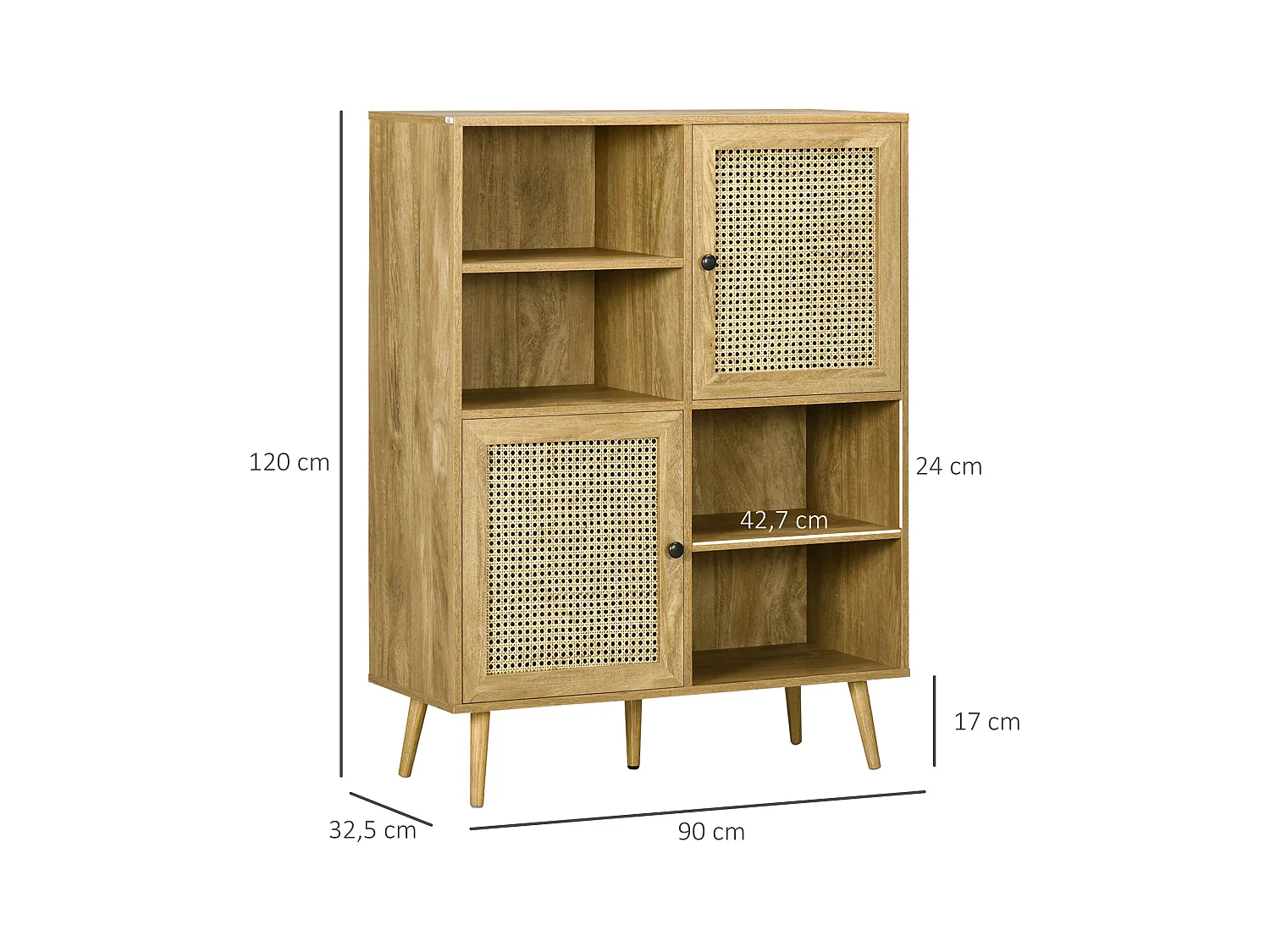 Bibliothèque 2 portes 4 niches style bohème chic cannage en rotin panneaux aspect chêne clair