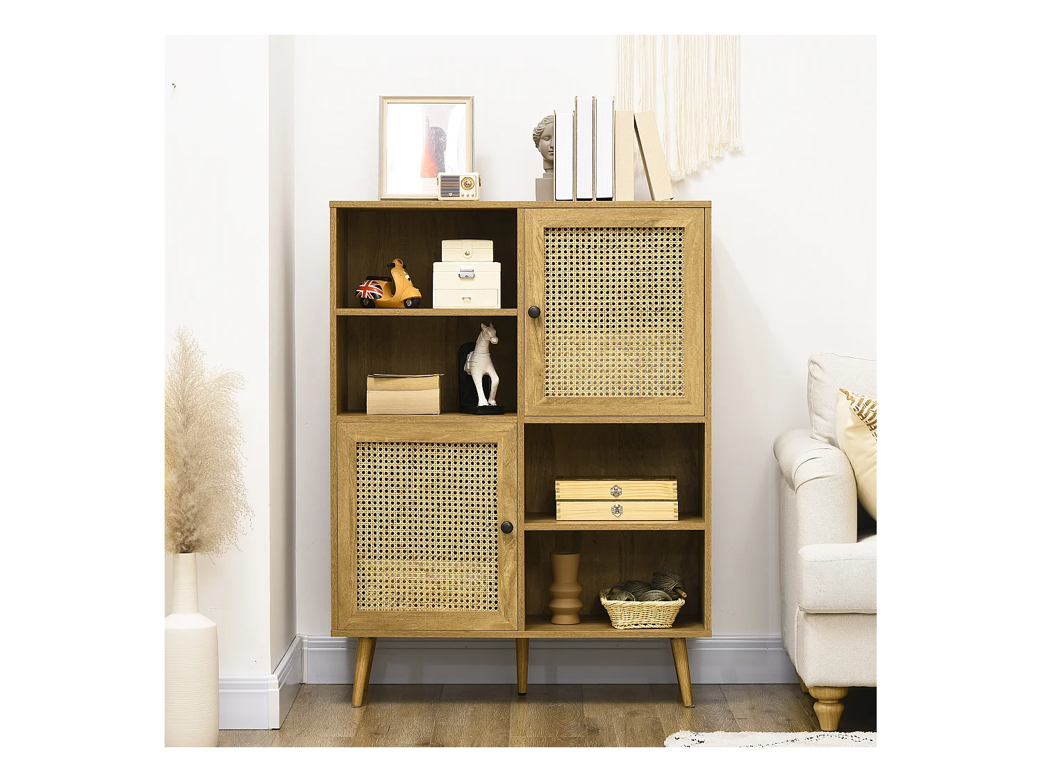 Bibliothèque 2 portes 4 niches style bohème chic cannage en rotin panneaux aspect chêne clair