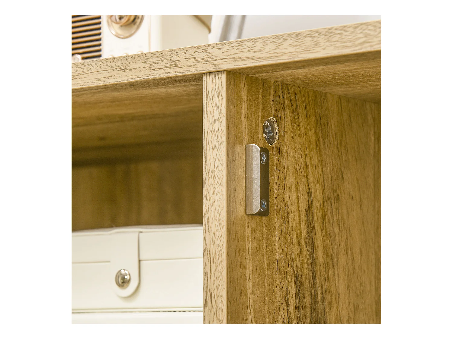 Bibliothèque 2 portes 4 niches style bohème chic cannage en rotin panneaux aspect chêne clair