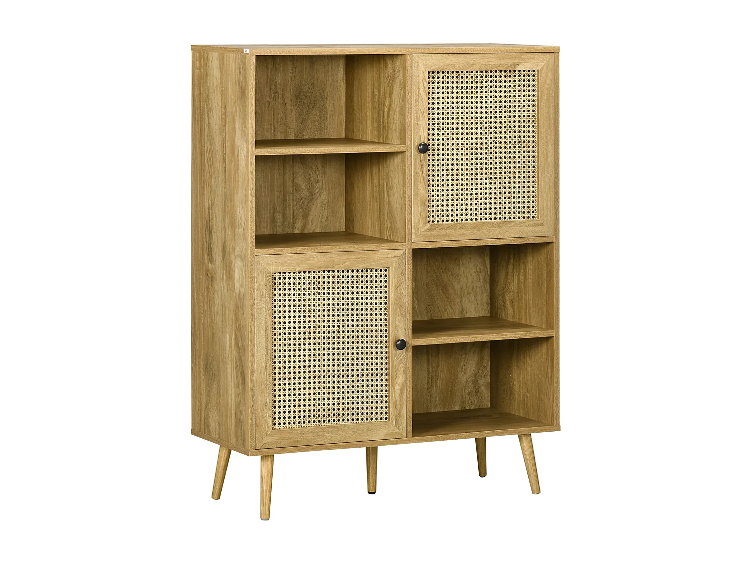 Bibliothèque 2 portes 4 niches style bohème chic cannage en rotin panneaux aspect chêne clair