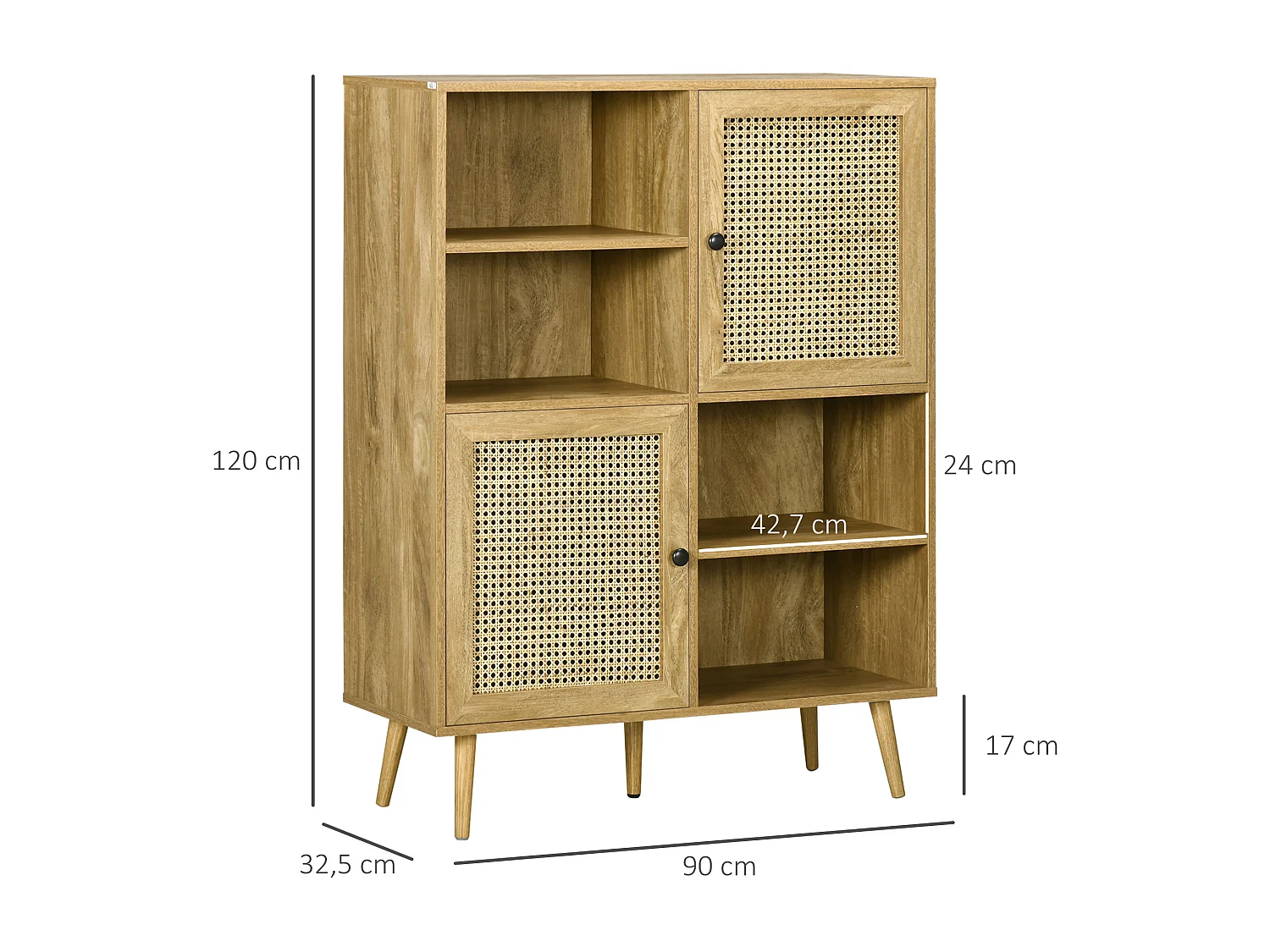 Bibliothèque 2 portes 4 niches style bohème chic cannage en rotin panneaux aspect chêne clair