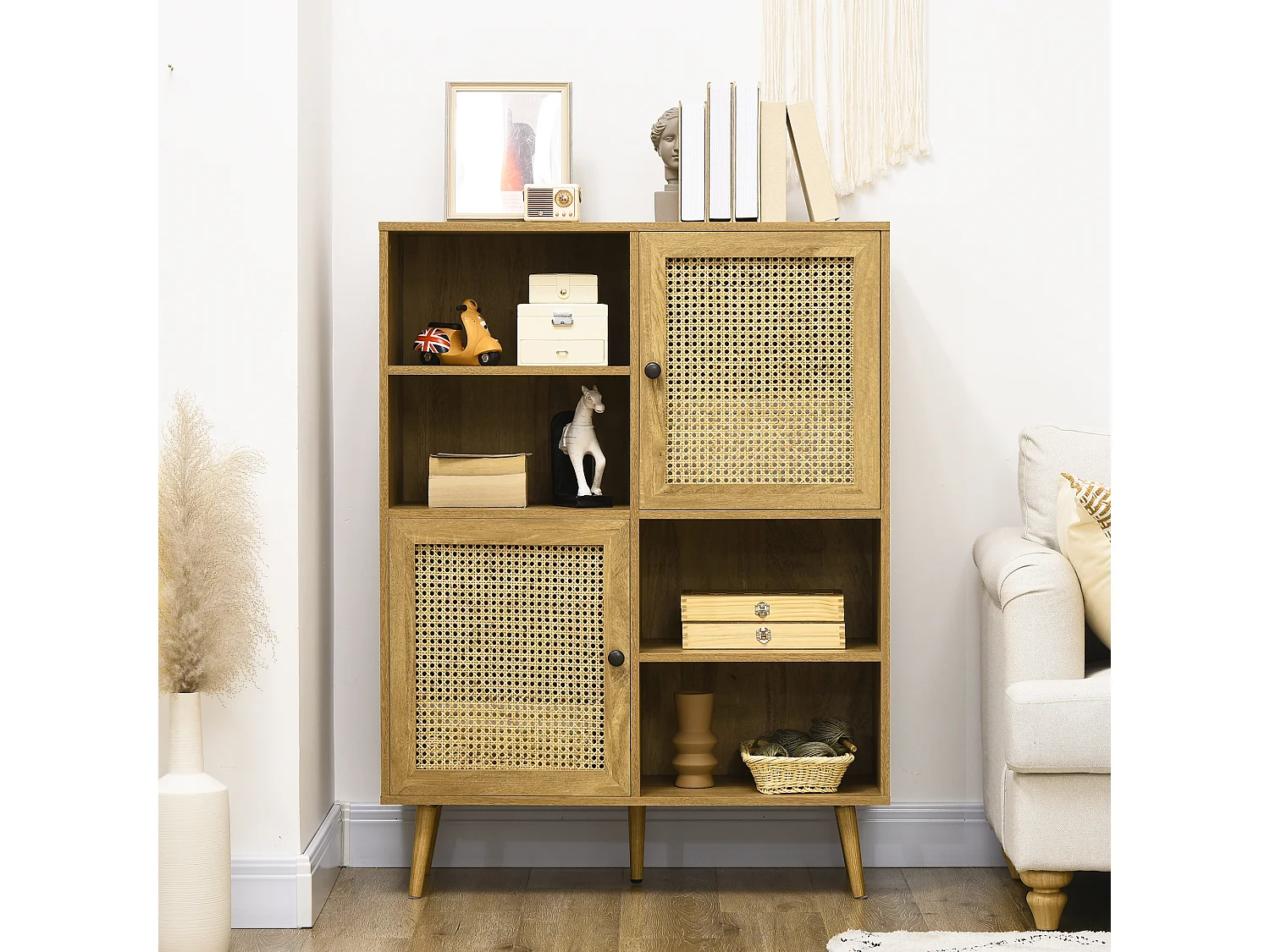 Bibliothèque 2 portes 4 niches style bohème chic cannage en rotin panneaux aspect chêne clair