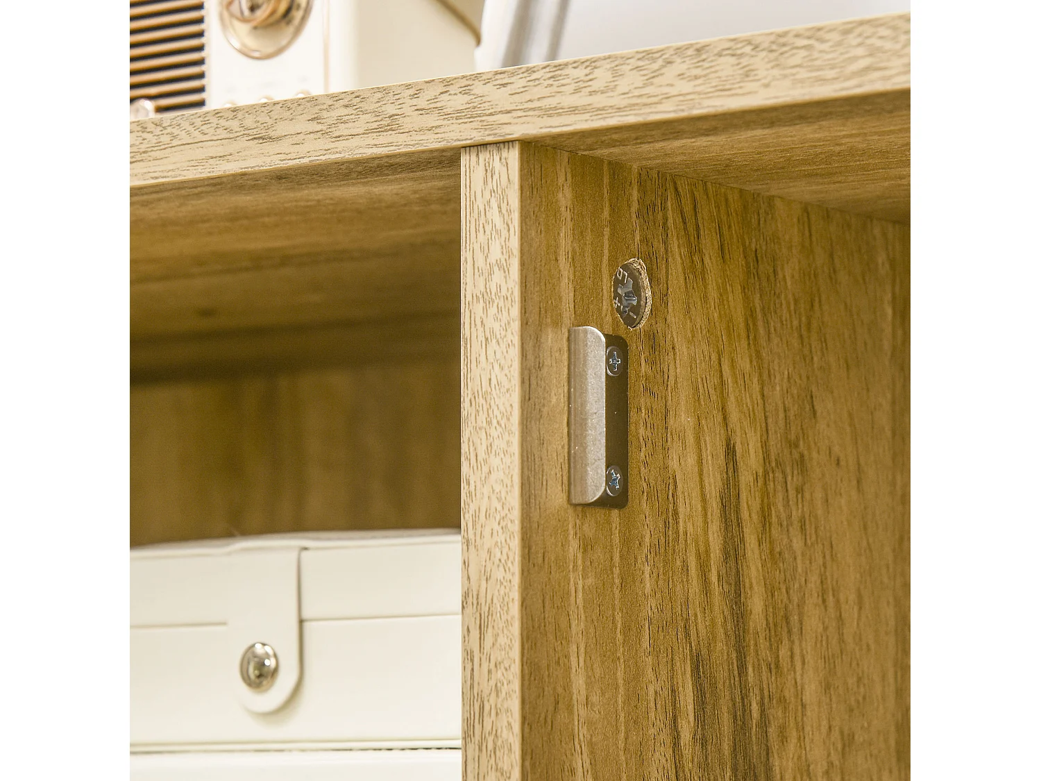 Bibliothèque 2 portes 4 niches style bohème chic cannage en rotin panneaux aspect chêne clair