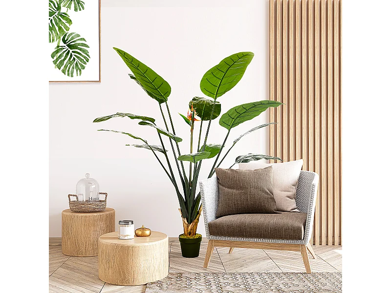 Plante artificielle Strelitzia H. 180 cm branches lichen feuilles fleurs grand réalisme pot inclus