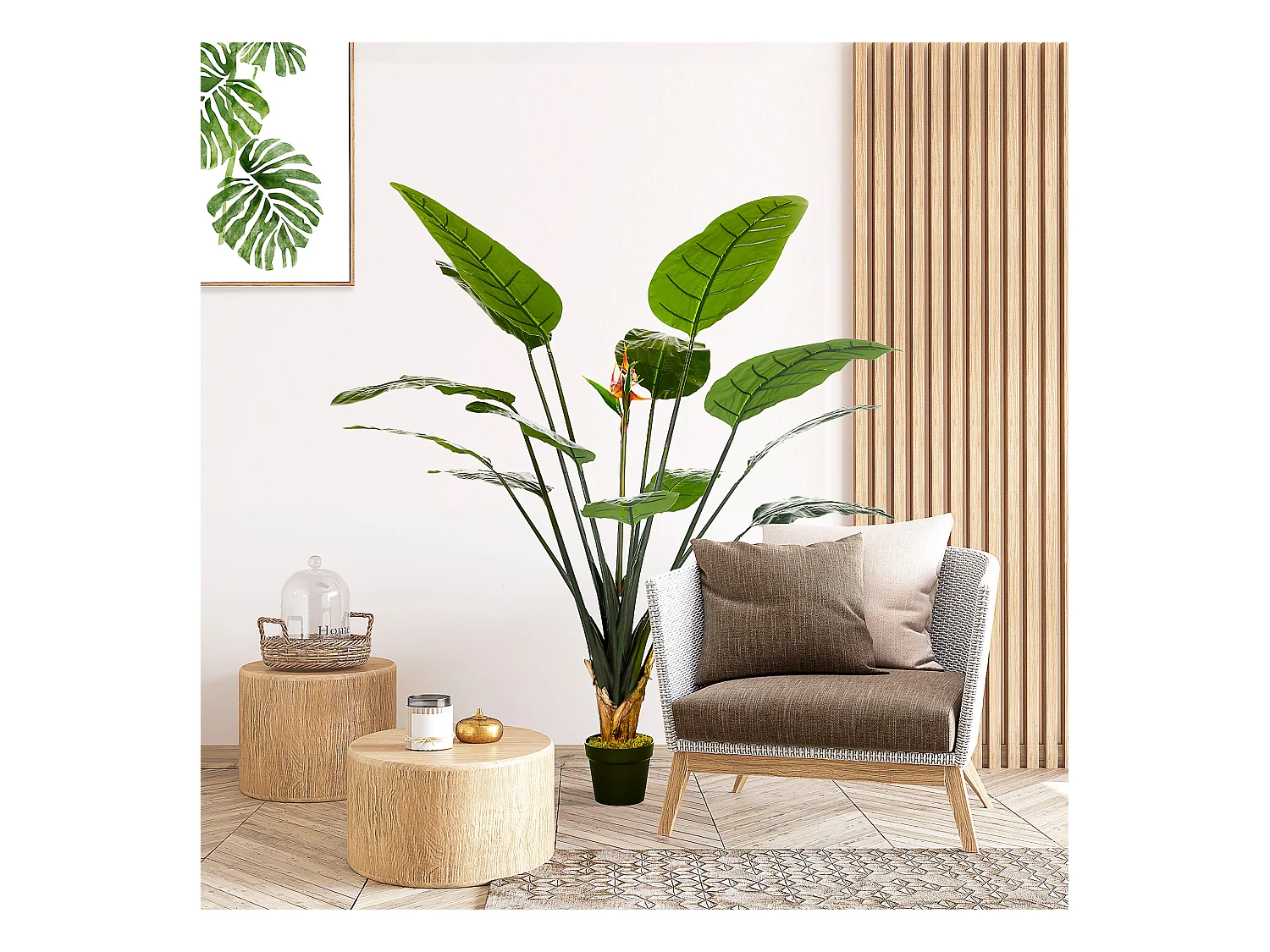 Plante artificielle Strelitzia H. 180 cm branches lichen feuilles fleurs grand réalisme pot inclus