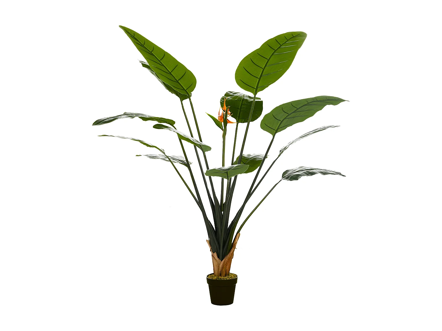 Plante artificielle Strelitzia H. 180 cm branches lichen feuilles fleurs grand réalisme pot inclus