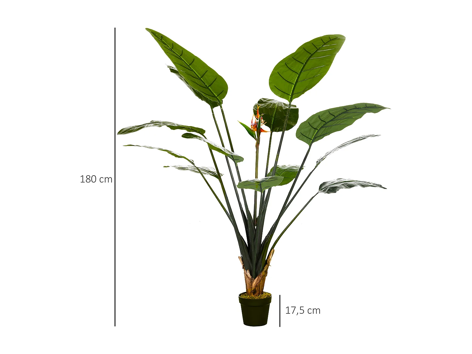 Plante artificielle Strelitzia H. 180 cm branches lichen feuilles fleurs grand réalisme pot inclus