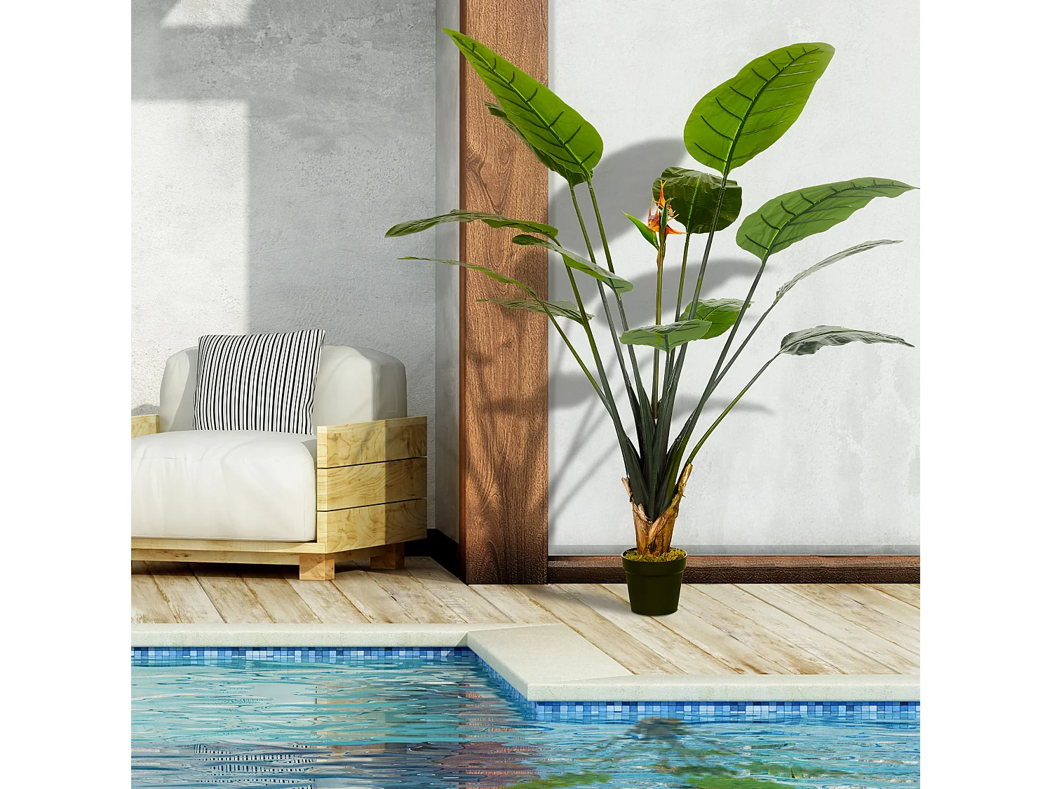 Plante artificielle Strelitzia H. 180 cm branches lichen feuilles fleurs grand réalisme pot inclus