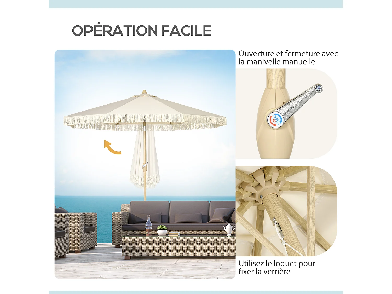 Parasol octogonal inclinable Ø 2,65 x 2,44H m mât baleine métal aspect bois polyester haute densité 180 g/m² beige