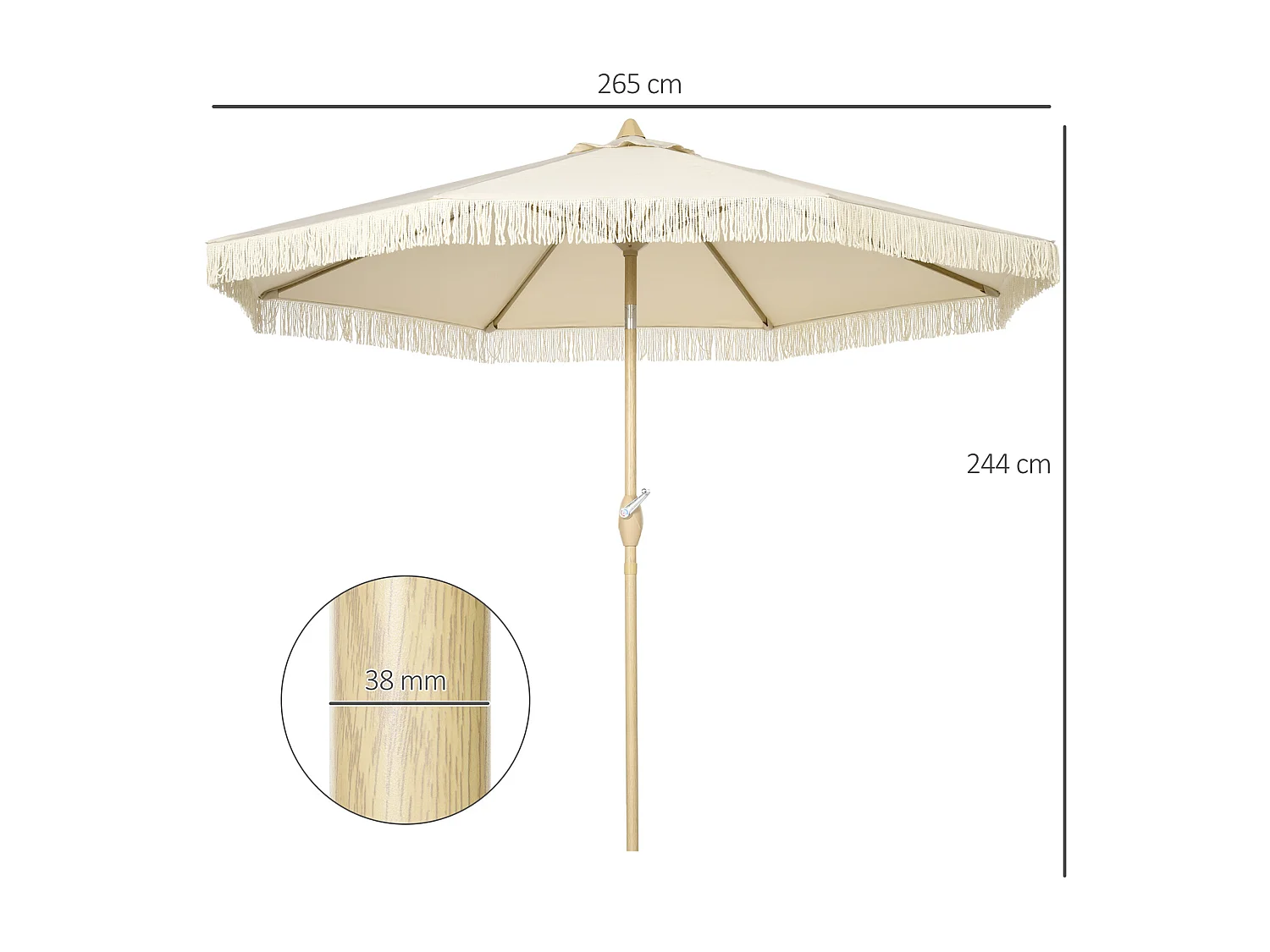 Parasol octogonal inclinable Ø 2,65 x 2,44H m mât baleine métal aspect bois polyester haute densité 180 g/m² beige