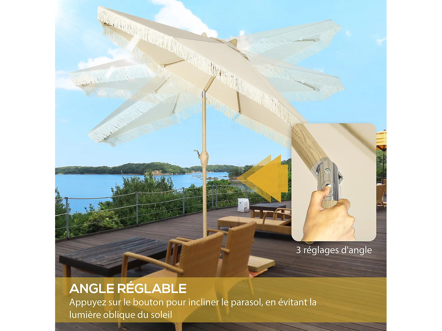 Parasol octogonal inclinable Ø 2,65 x 2,44H m mât baleine métal aspect bois polyester haute densité 180 g/m² beige