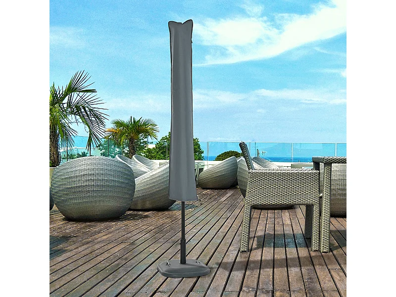 Housse de protection imperméable pour parasol droit avec fermeture éclair et cordon de serrage gris