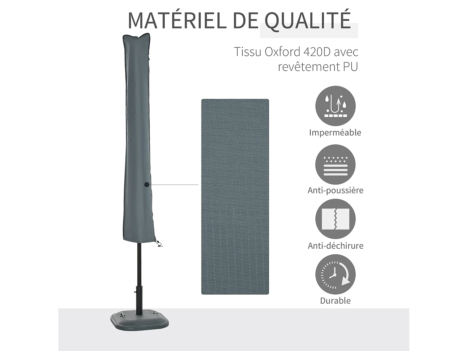 Housse de protection imperméable pour parasol droit avec fermeture éclair et cordon de serrage gris
