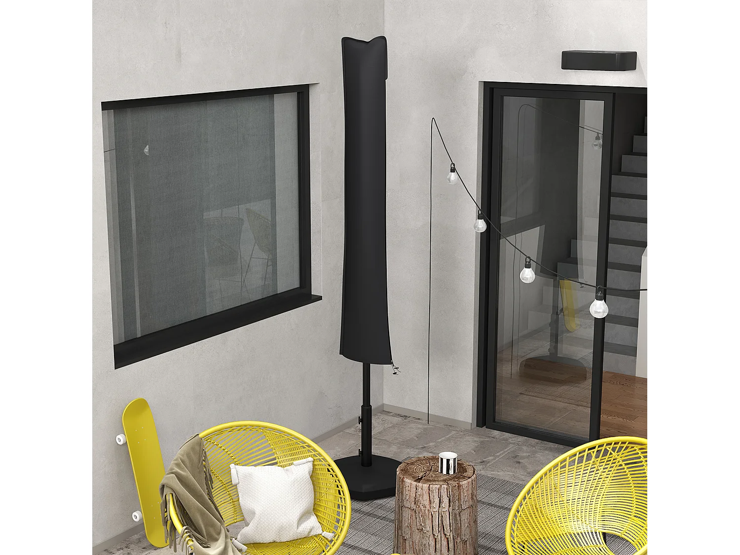 Housse de protection imperméable pour parasol droit avec fermeture éclair et cordon de serrage gris