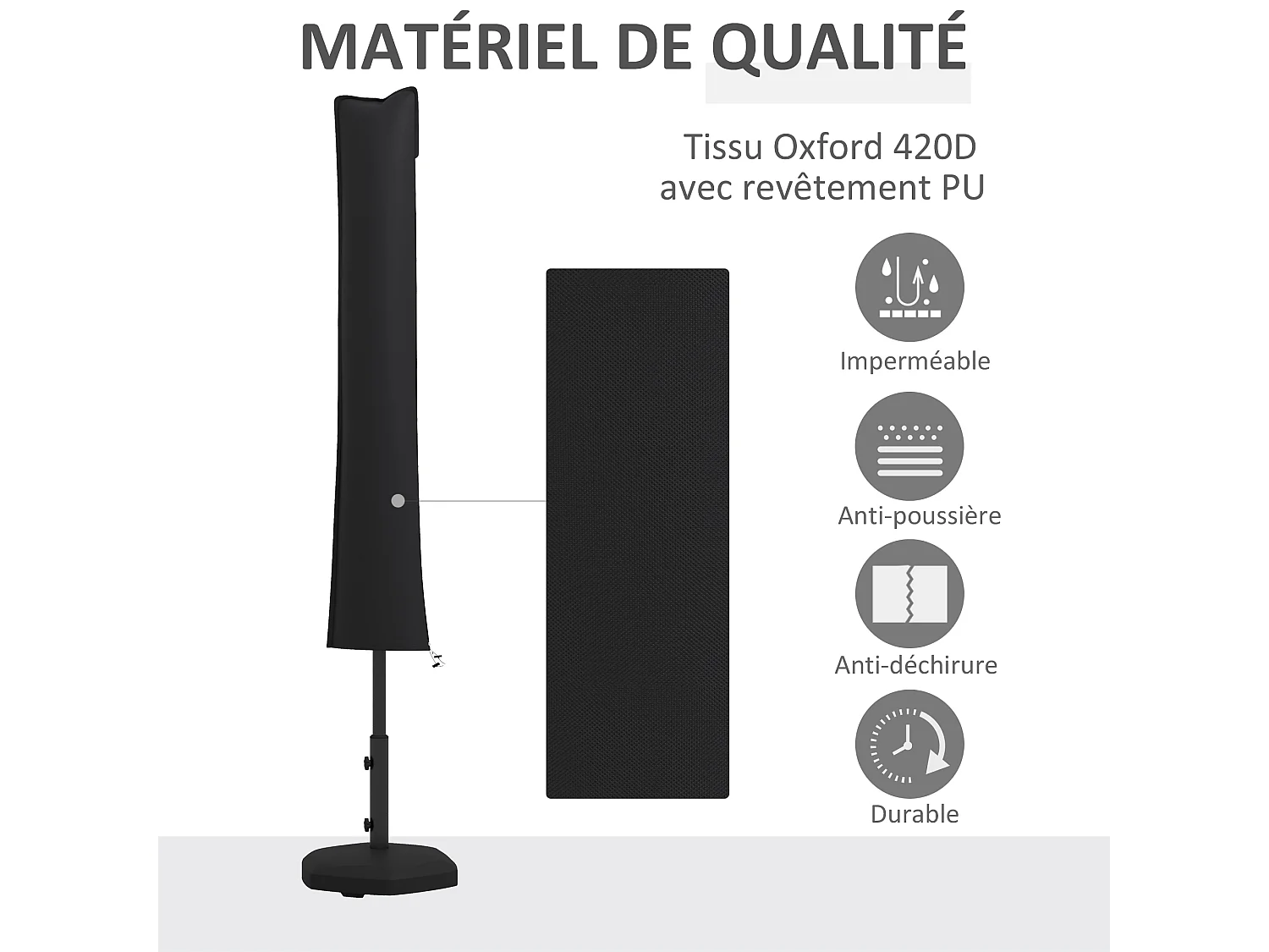 Housse de protection imperméable pour parasol droit avec fermeture éclair et cordon de serrage gris