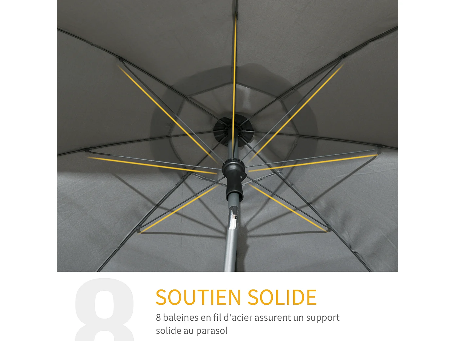 Parasol inclinable octogonal  Ø 1,8 x 2,09H m acier époxy polyester 160 g/m² anti-UV50+ gris