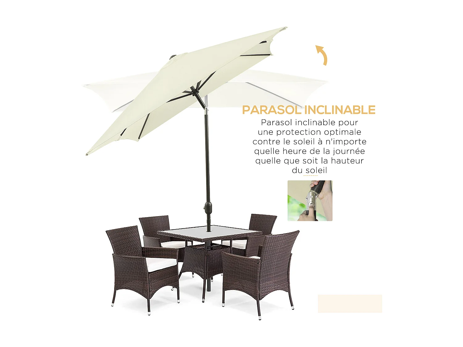 Parasol inclinable rectangulaire métal polyester haute densité 2,95L x 1,95l x 2,4H m crème