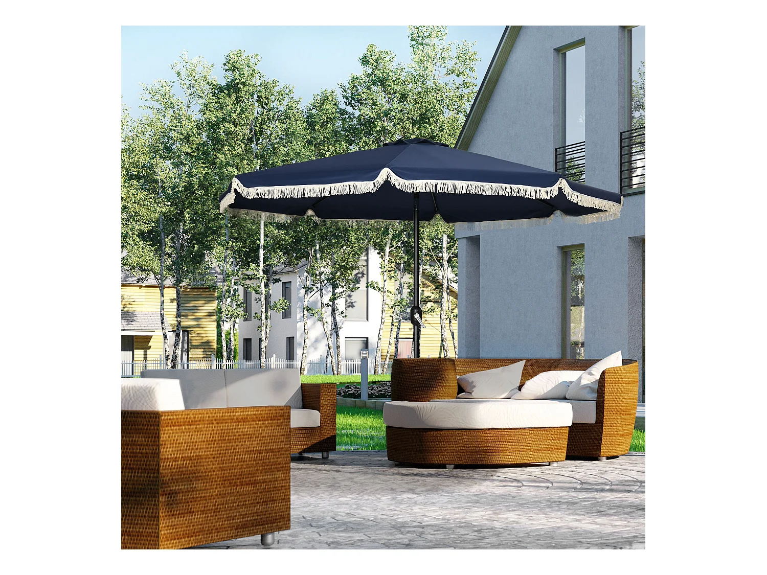 Parasol octogonal inclinable Ø 2,68 x 2,32H m mât acier noir polyester haute densité 180 g/m² bleu nuit