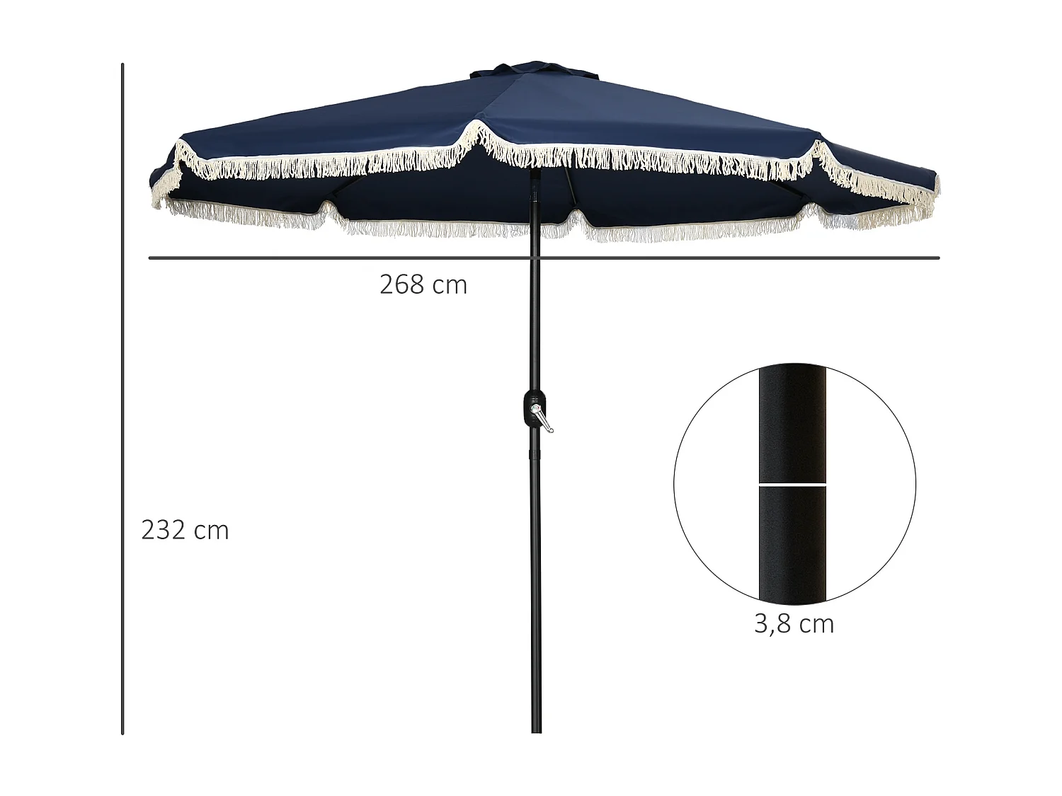 Parasol octogonal inclinable Ø 2,68 x 2,32H m mât acier noir polyester haute densité 180 g/m² bleu nuit