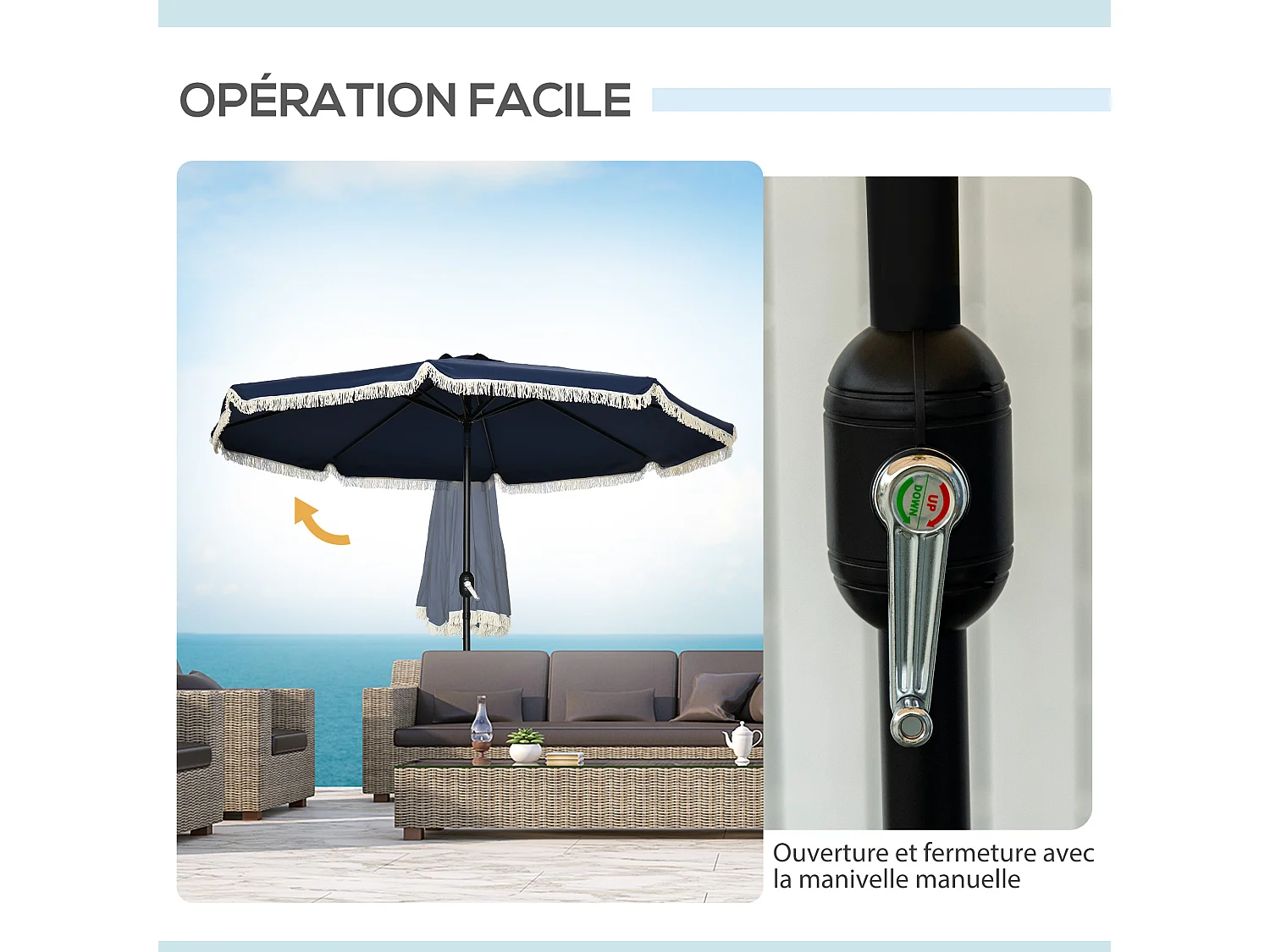 Parasol octogonal inclinable Ø 2,68 x 2,32H m mât acier noir polyester haute densité 180 g/m² bleu nuit