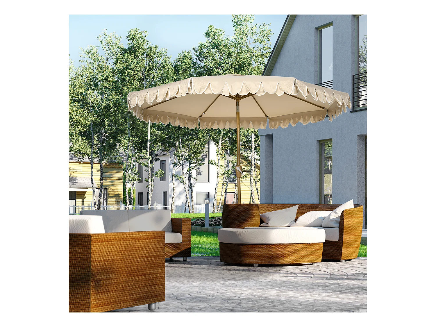 Parasol octogonal inclinable Ø 2,65 x 2,35H m mât acier aspect bois polyester haute densité 180 g/m² beige