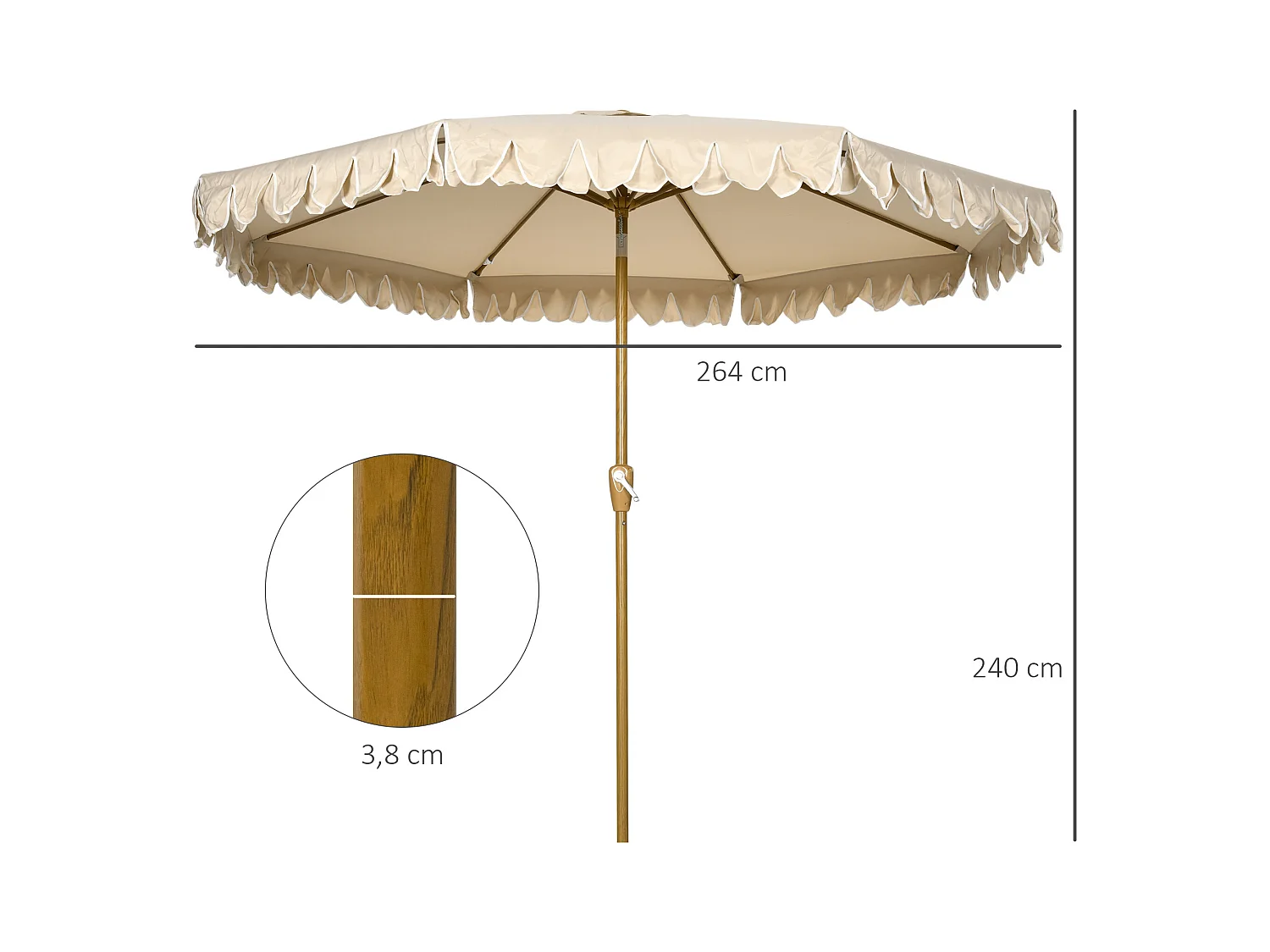 Parasol octogonal inclinable Ø 2,65 x 2,35H m mât acier aspect bois polyester haute densité 180 g/m² beige
